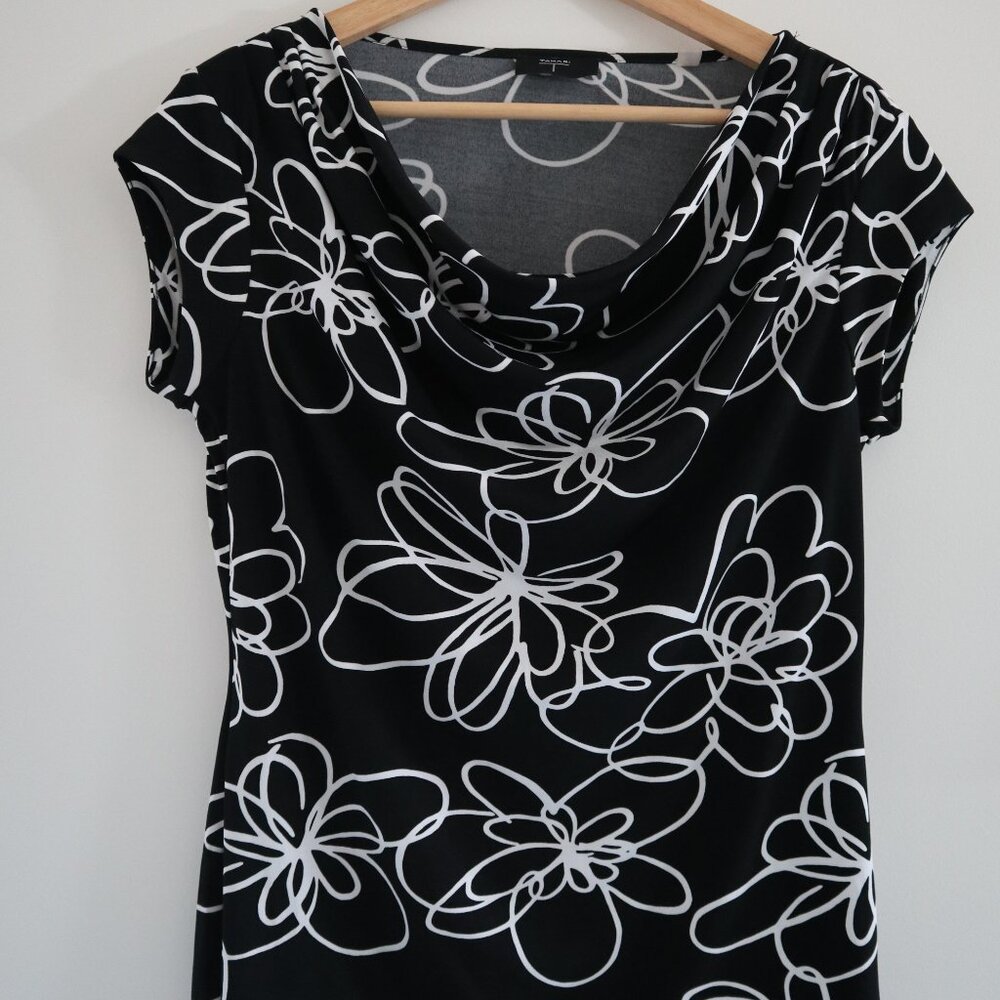 Tahari black and white floral cowl neck blouse, M - sophisticated patterned top